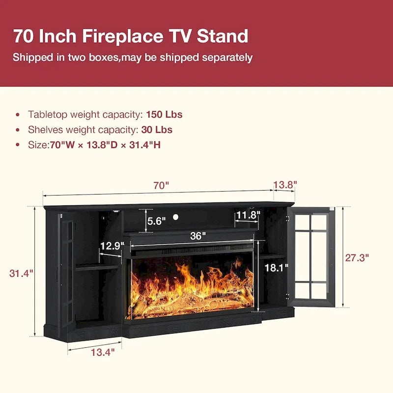 Meuble TV avec cheminée en verre sur 3 côtés de 91 cm (36 pouces) pour téléviseurs jusqu'à 80 pouces.