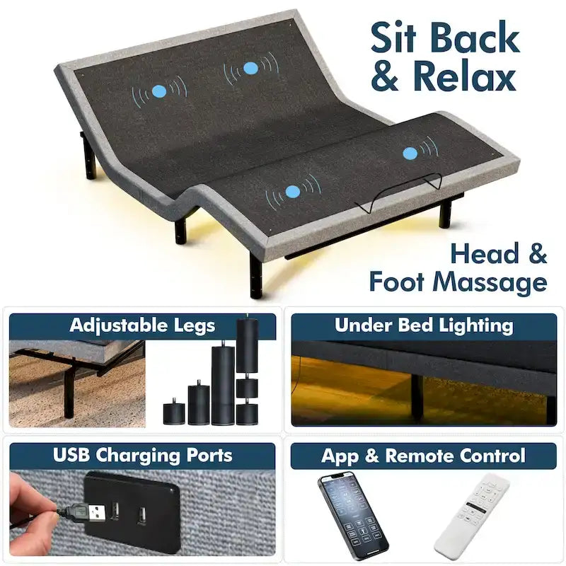 Sommier articulé Renanim avec matelas hybride de 30 cm, double massage, ports USB, contrôle par application, éclairage sous le lit et télécommande.