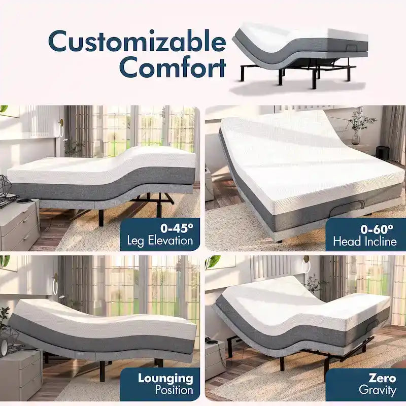 Sommier articulé Renanim avec matelas hybride de 30 cm, double massage, ports USB, contrôle par application, éclairage sous le lit et télécommande.
