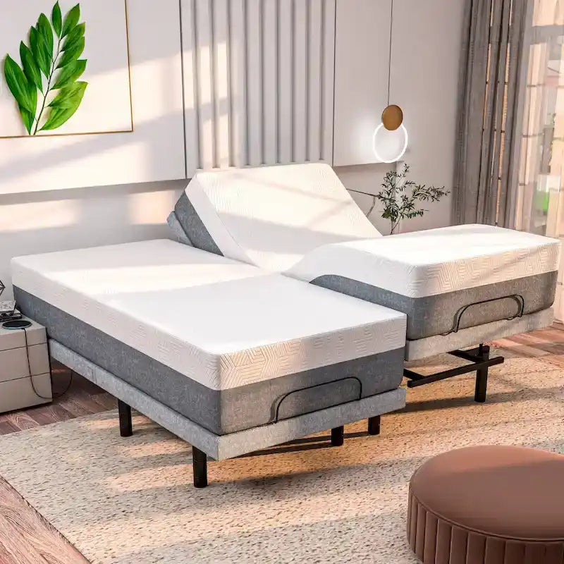 Sommier articulé Renanim avec matelas hybride de 30 cm, double massage, ports USB, contrôle par application, éclairage sous le lit et télécommande.