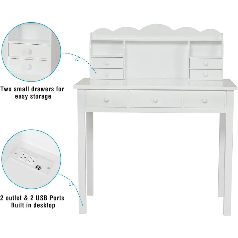 Bureau avec port USB, bureau de bureau à domicile avec 7 tiroirs