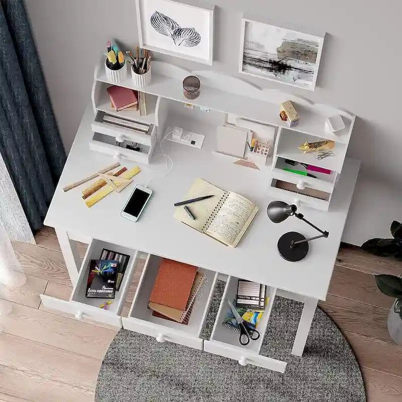 Bureau avec port USB, bureau de bureau à domicile avec 7 tiroirs