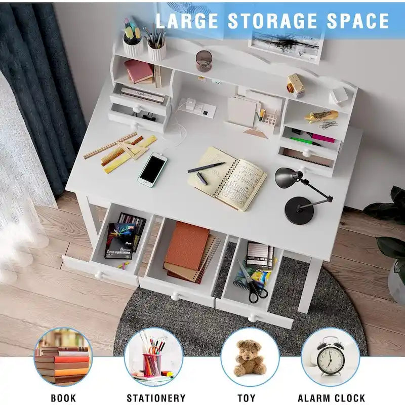 Bureau avec port USB, bureau de bureau à domicile avec 7 tiroirs