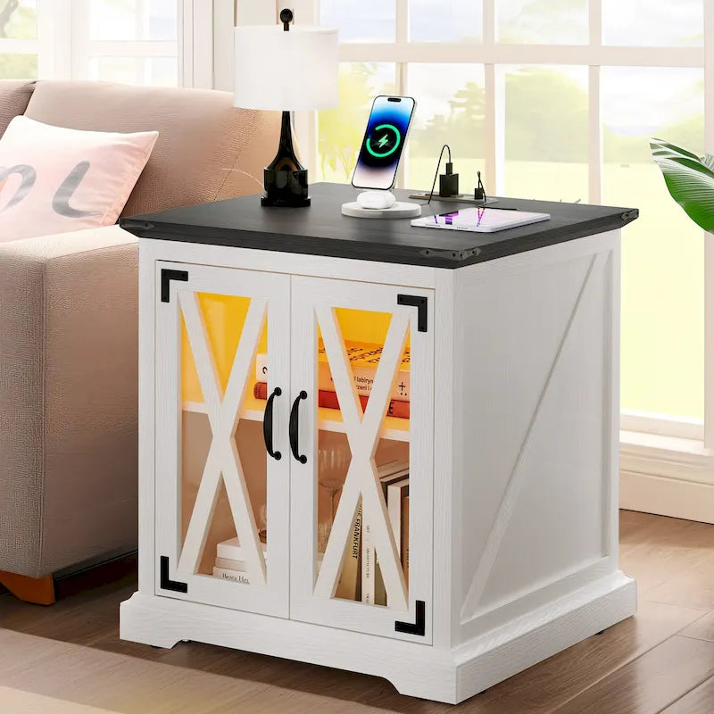 Table d'appoint Moasis avec station de recharge, table d'appoint de style campagnard avec rangement et étagères