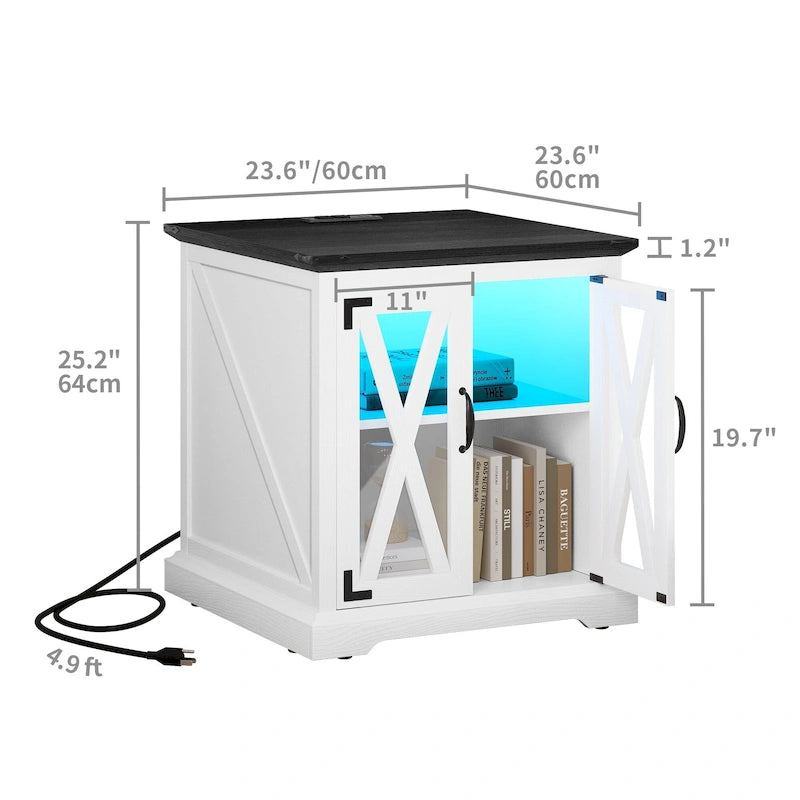 Table d'appoint Moasis avec station de recharge, table d'appoint de style campagnard avec rangement et étagères