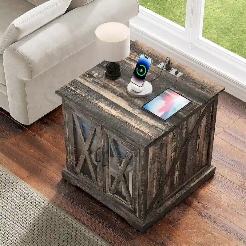 Table d'appoint Moasis avec station de recharge, table d'appoint de style campagnard avec rangement et étagères