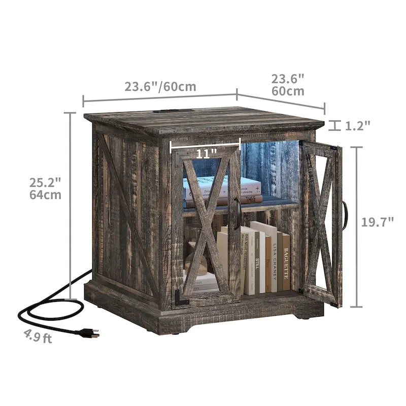 Table d'appoint Moasis avec station de recharge, table d'appoint de style campagnard avec rangement et étagères