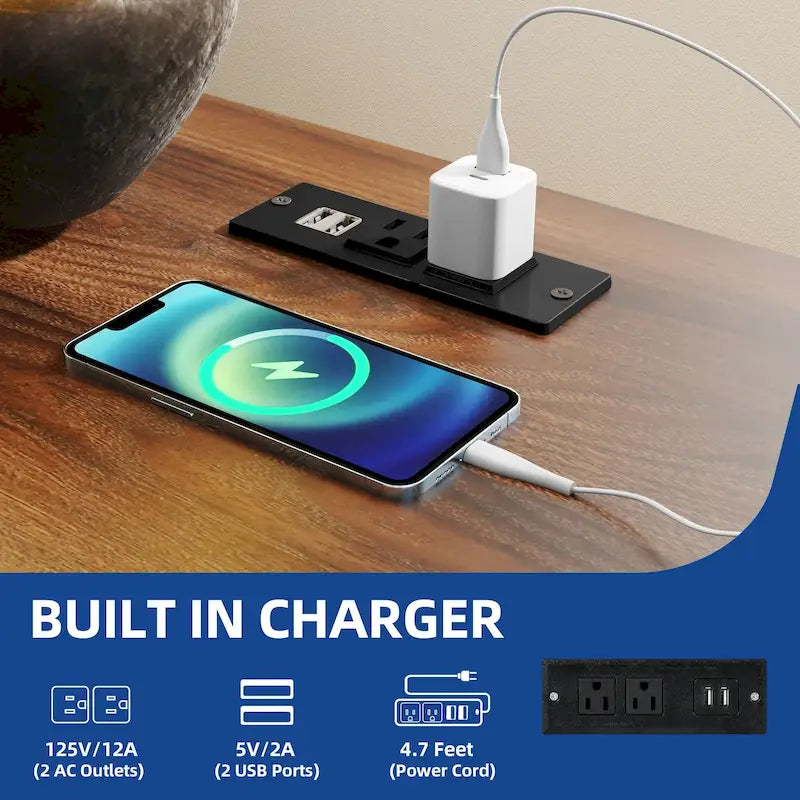 Table d'appoint Moasis avec station de recharge, table d'appoint de style campagnard avec rangement et étagères