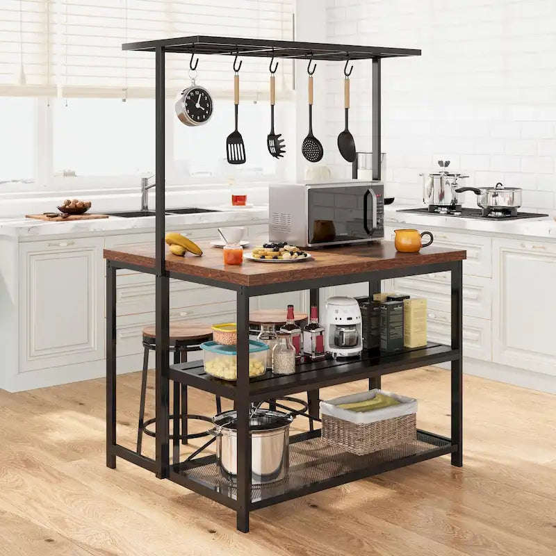 Îlot de cuisine avec table, support pour micro-ondes et étagère de rangement - 42 po (P) x 28 po (L) x 72 po (H)