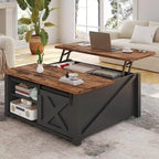 Table basse carrée à plateau relevable avec étagère de rangement type porte de grange