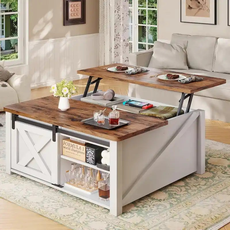 Table basse carrée à plateau relevable avec étagère de rangement type porte de grange