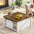 Table basse carrée à plateau relevable avec étagère de rangement type porte de grange