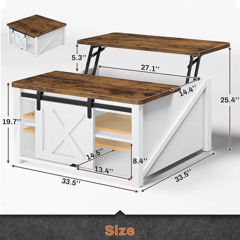 Table basse carrée à plateau relevable avec étagère de rangement type porte de grange