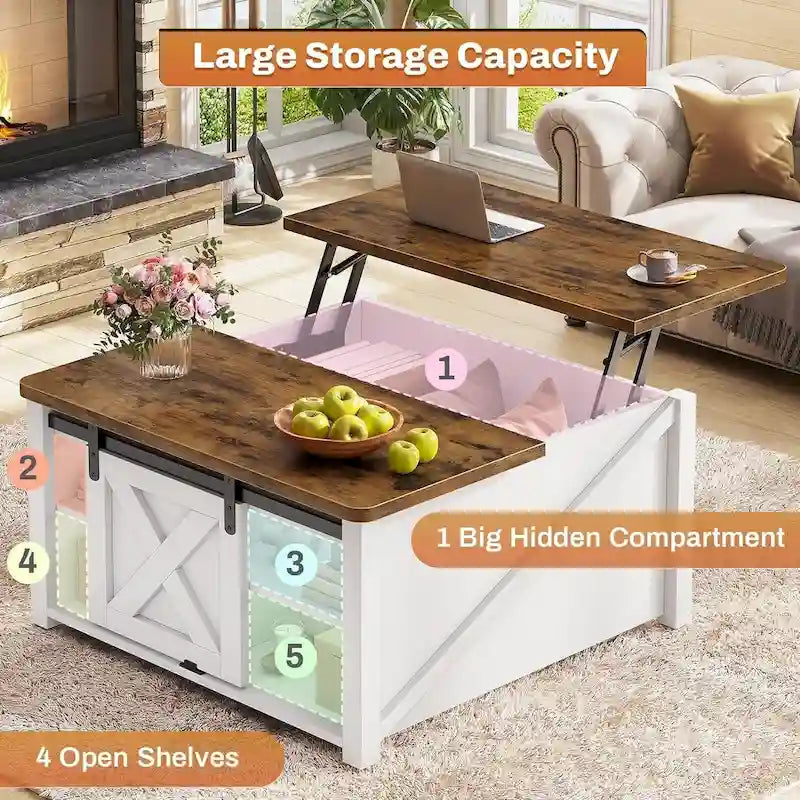 Table basse carrée à plateau relevable avec étagère de rangement type porte de grange