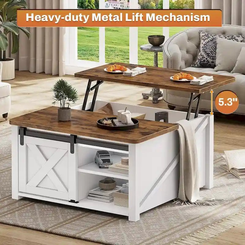Table basse carrée à plateau relevable avec étagère de rangement type porte de grange