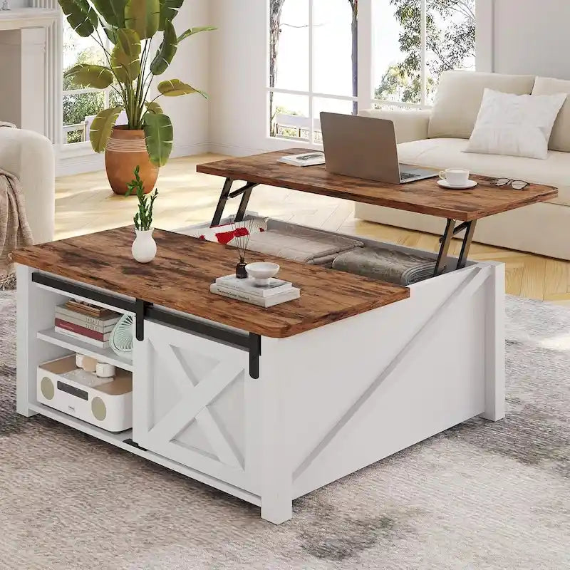 Table basse carrée à plateau relevable avec étagère de rangement type porte de grange