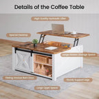 Table basse carrée à plateau relevable avec étagère de rangement type porte de grange