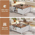 Table basse carrée à plateau relevable avec étagère de rangement type porte de grange
