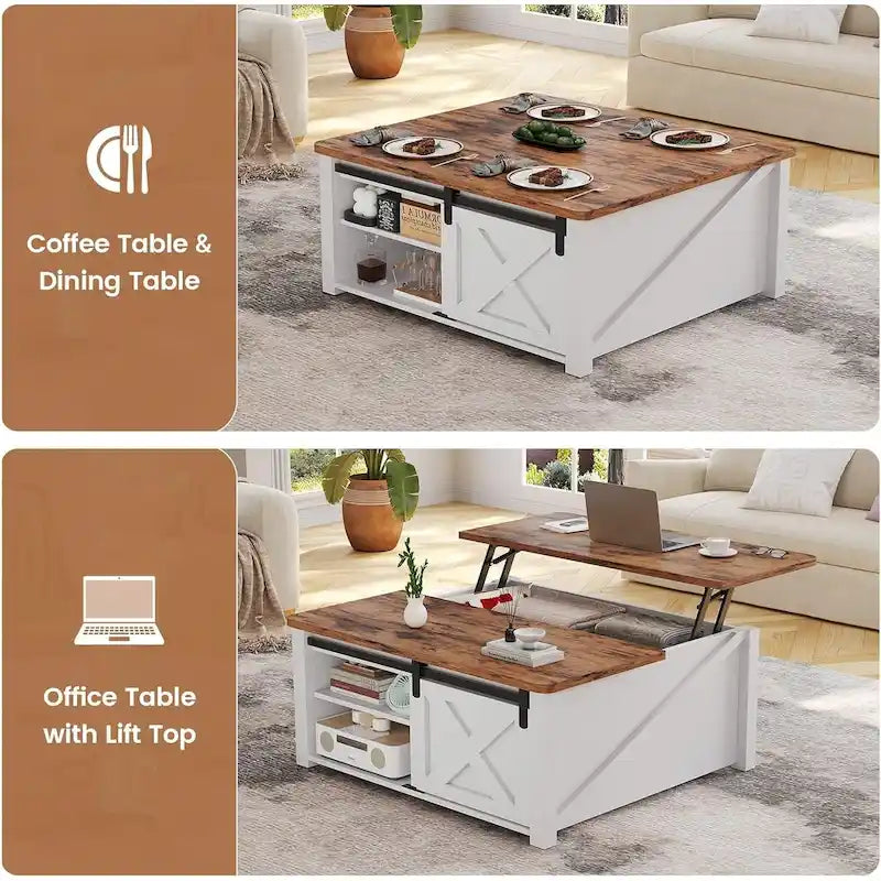Table basse carrée à plateau relevable avec étagère de rangement type porte de grange