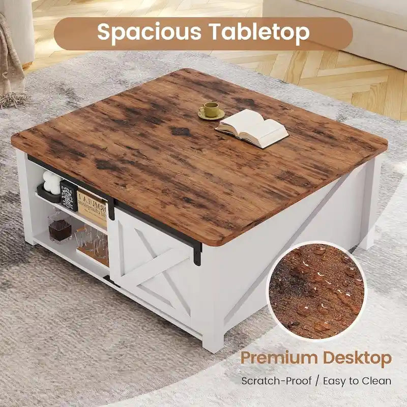 Table basse carrée à plateau relevable avec étagère de rangement type porte de grange