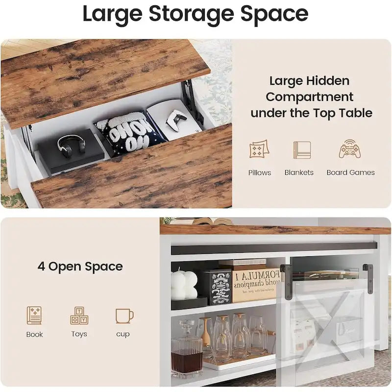 Table basse carrée à plateau relevable avec étagère de rangement type porte de grange