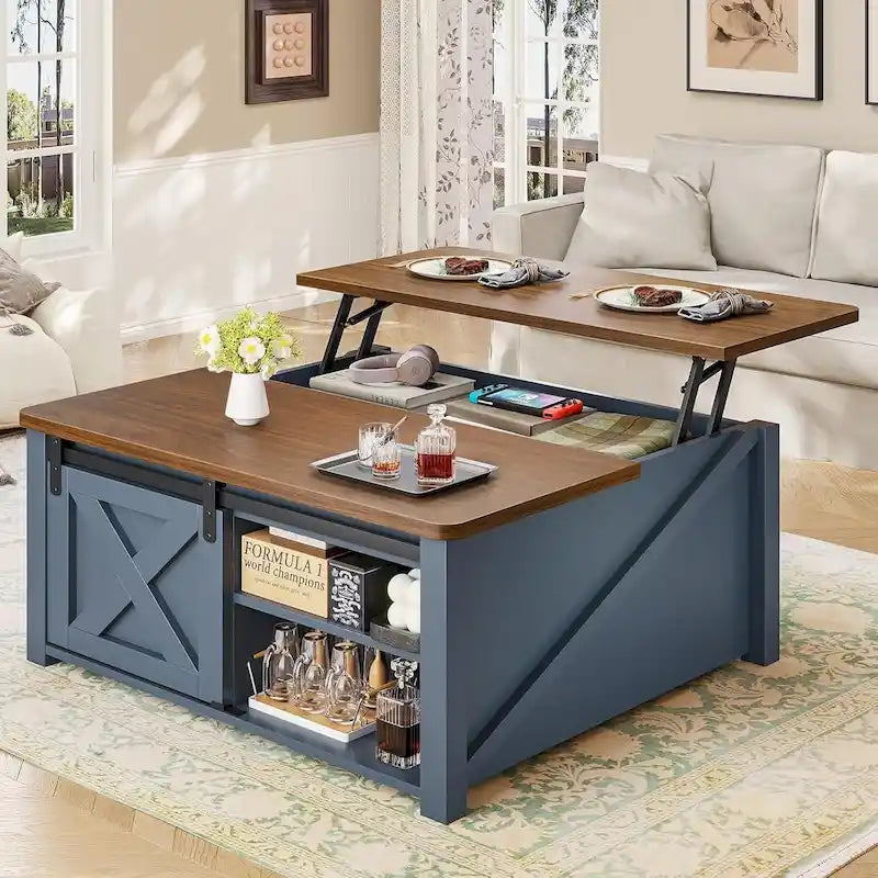 Table basse carrée à plateau relevable avec étagère de rangement type porte de grange