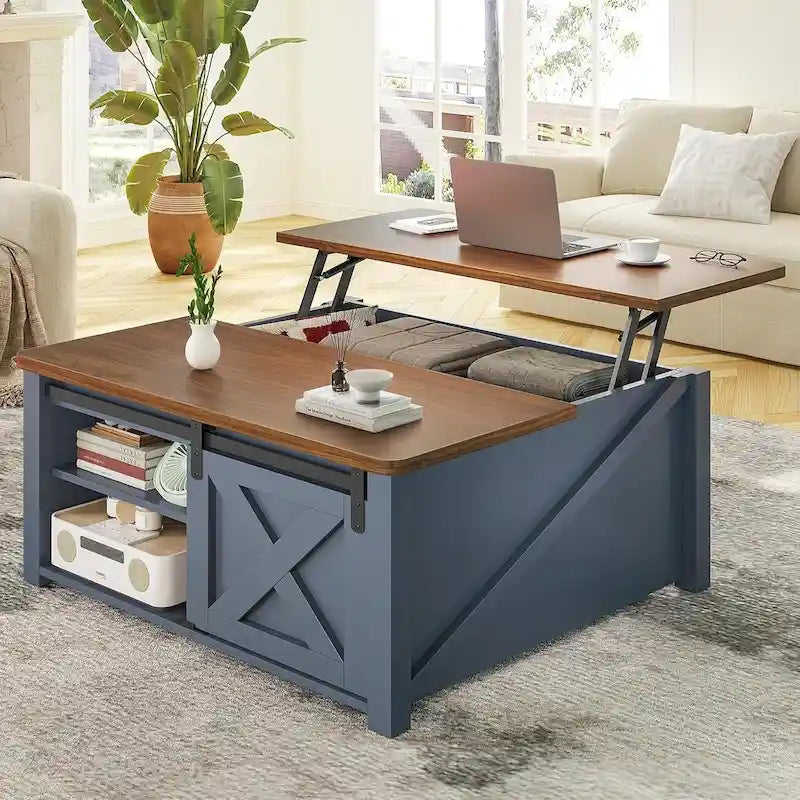 Table basse carrée à plateau relevable avec étagère de rangement type porte de grange