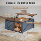 Table basse carrée à plateau relevable avec étagère de rangement type porte de grange