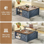 Table basse carrée à plateau relevable avec étagère de rangement type porte de grange