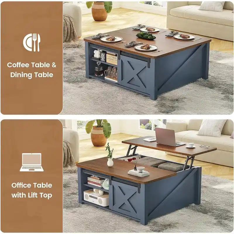 Table basse carrée à plateau relevable avec étagère de rangement type porte de grange