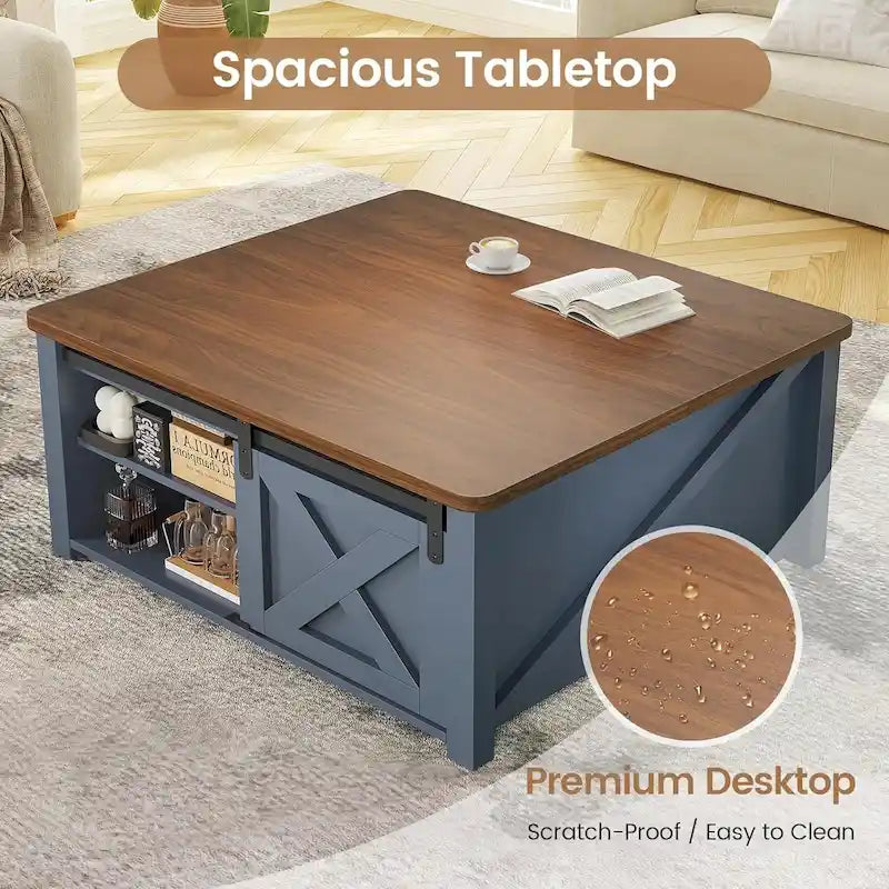 Table basse carrée à plateau relevable avec étagère de rangement type porte de grange