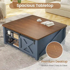 Table basse carrée à plateau relevable avec étagère de rangement type porte de grange