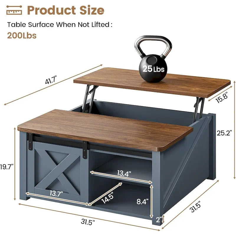Table basse carrée à plateau relevable avec étagère de rangement type porte de grange