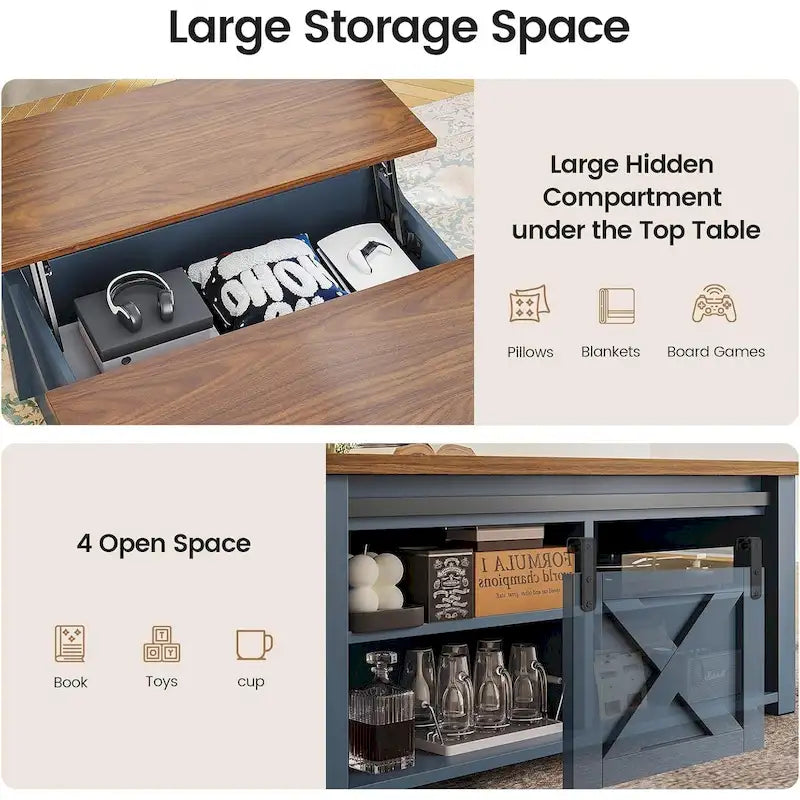 Table basse carrée à plateau relevable avec étagère de rangement type porte de grange