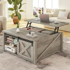 Table basse carrée à plateau relevable avec étagère de rangement type porte de grange
