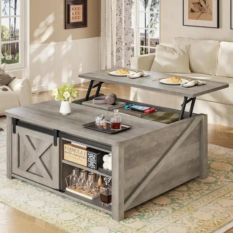 Table basse carrée à plateau relevable avec étagère de rangement type porte de grange
