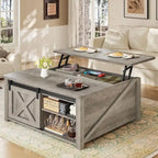 Table basse carrée à plateau relevable avec étagère de rangement type porte de grange