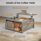 Table basse carrée à plateau relevable avec étagère de rangement type porte de grange