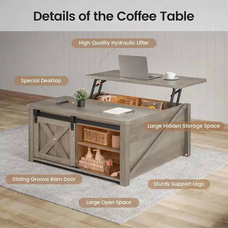 Table basse carrée à plateau relevable avec étagère de rangement type porte de grange