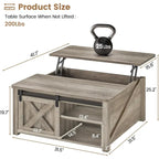 Table basse carrée à plateau relevable avec étagère de rangement type porte de grange