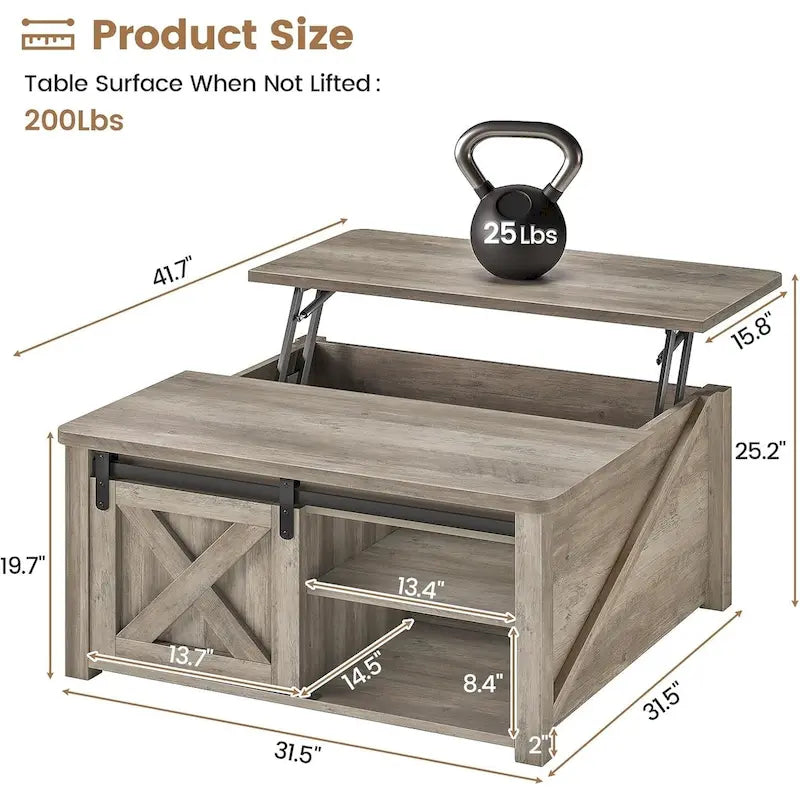Table basse carrée à plateau relevable avec étagère de rangement type porte de grange