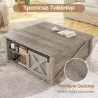 Table basse carrée à plateau relevable avec étagère de rangement type porte de grange