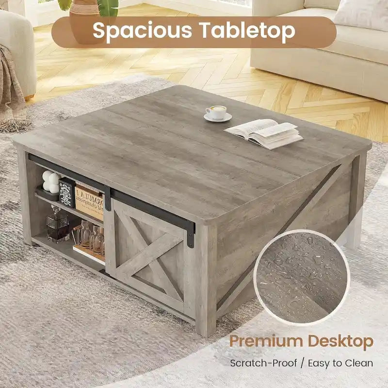 Table basse carrée à plateau relevable avec étagère de rangement type porte de grange