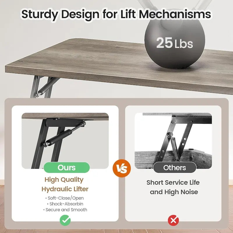Table basse carrée à plateau relevable avec étagère de rangement type porte de grange