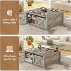 Table basse carrée à plateau relevable avec étagère de rangement type porte de grange
