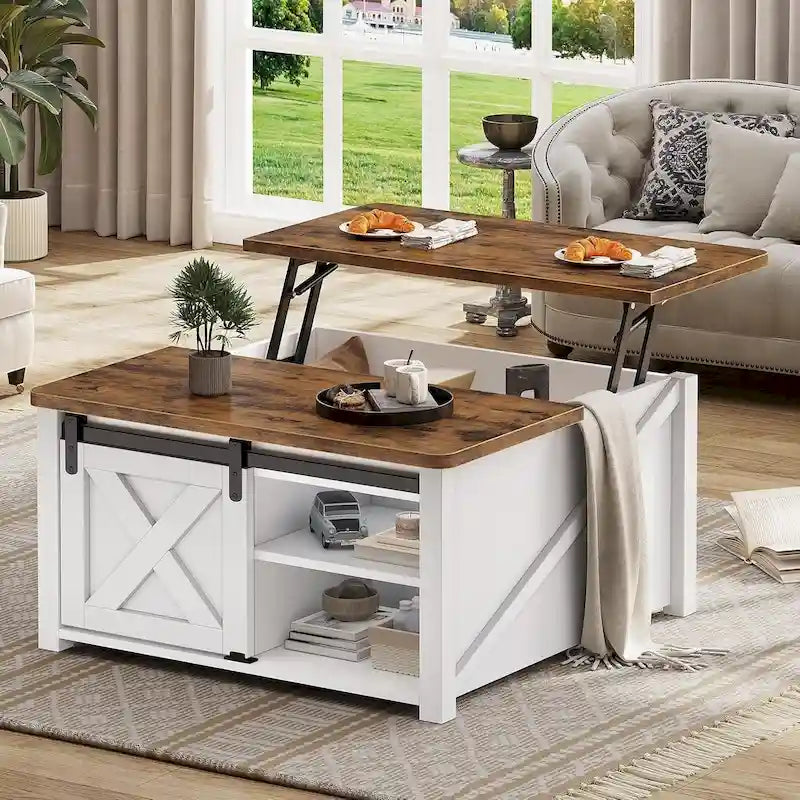Table basse carrée à plateau relevable avec étagère de rangement type porte de grange