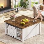 Table basse carrée à plateau relevable avec étagère de rangement type porte de grange