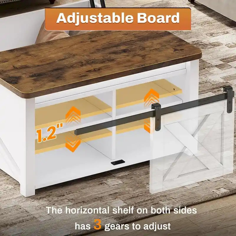 Table basse carrée à plateau relevable avec étagère de rangement type porte de grange