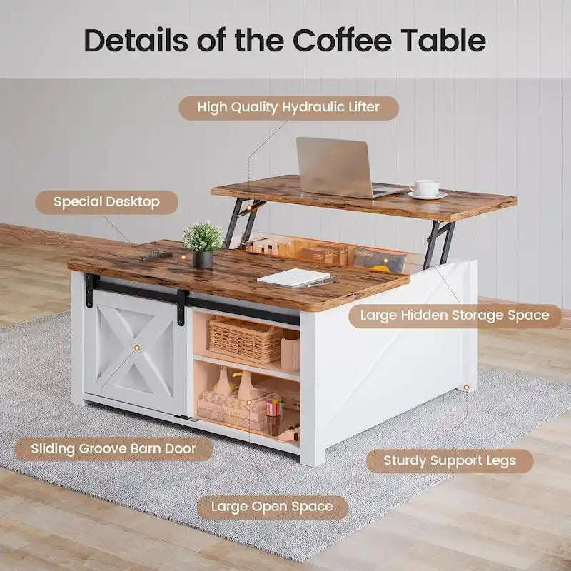 Table basse carrée à plateau relevable avec étagère de rangement type porte de grange