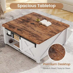 Table basse carrée à plateau relevable avec étagère de rangement type porte de grange
